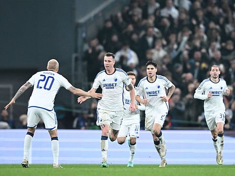 FC Copenhagen's Danish midfielder Lukas Lerager (2nd left) celebrates with teammates during the Champions League Group A match in Copenhagen, Denmark on Wednesday.