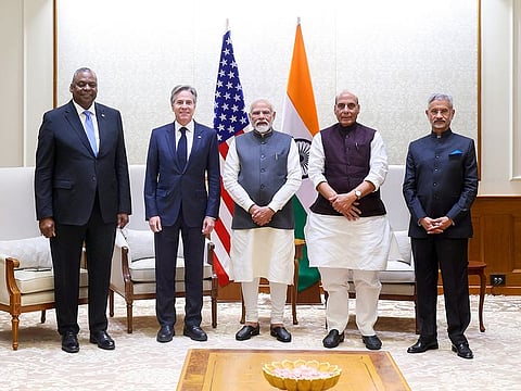 Prime Minister Narendra Modi with Defence Minister Rajnath Singh and External Affairs Minister S Jaishankar meets US Secretary of State Antony J. Blinken and US Secretary of Defence Lloyd Austin, in New Delhi on Friday, December 10, 2023. 