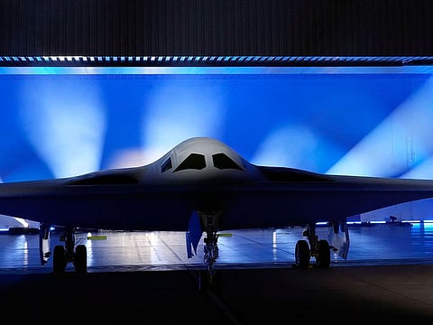 The B-21 Raider stealth bomber is unveiled at Northrop Grumman, Dec. 2, 2022, in Palmdale, California.  