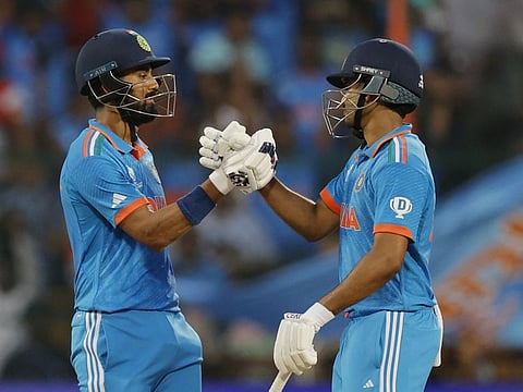 India's KL Rahul celebrates with Shreyas Iyer after reaching his century during a World Cup match against Netherlands at M. Chinnaswamy Stadium in Bengaluru on Sunday.
