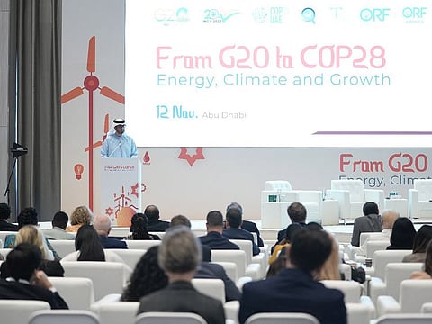 Dr Sultan bin Ahmed Al Jaber, Minister of Industry and Advanced Technology and COP28 President-designate, addressing the ‘From G20 to COP28: Energy, Climate and Growth’ forum held in Abu Dhabi on Sunday