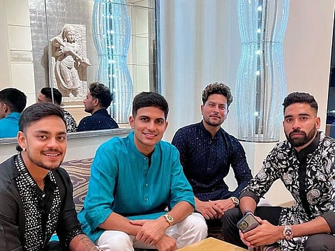 From left: Shubman Gill, Kuldeep Yadav and  Mohammed Siraj  
