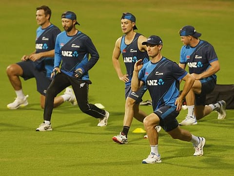 New Zealand players gearing up for the semifinals against India at Wankhede Stadium in Mumbai on Monday.