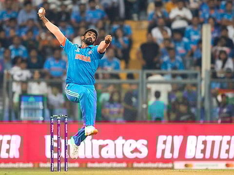 File photo: India's Jasprit Bumrah bowls during the match against Sri Lanka during their match in the ICC Men's Cricket World Cup 2023, at Wankhede Stadium in Mumbai. 