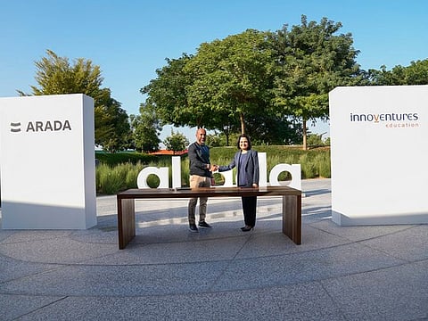 Ahmed Alkhoshaibi (left), Group CEO of Arada, and Poonam Bhojani, CEO of Innoventures Education, in Aljada announcing the partnership for the school