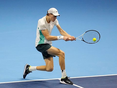 Italy's Jannik Sinner in action at the ATP World Tour Finals at the Pala Alpitour, in Turin, Italy.