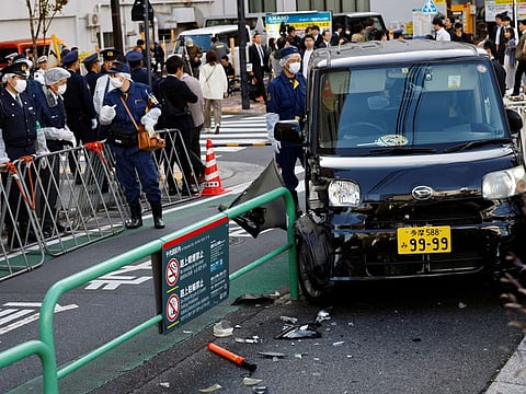 A view of the scene after a car crashed into a barricade near the Israeli embassy in Tokyo, Japan, November 16, 2023. 