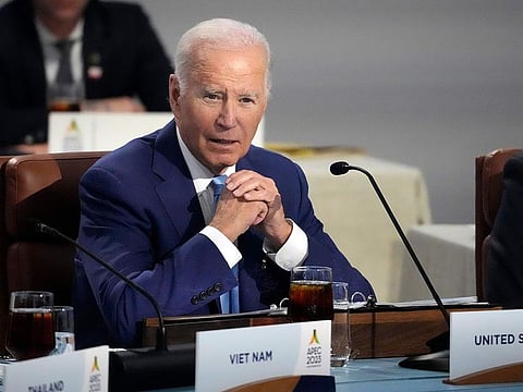 President Joe Biden speaks while sitting next to other leaders during the Asia-Pacific Economic Cooperation (APEC) conference, Thursday, Nov. 16, 2023, in San Francisco. 