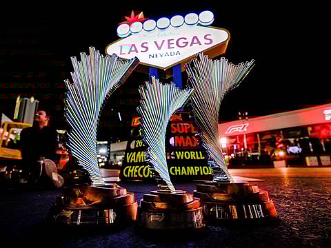 A view of the race winner's trophy on the podium under the 'Welcome to Las Vegas' sign during the Las Vegas Grand Prix on Sunday.