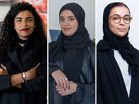 (from left) Munira Al Sayegh, founder of Dirwaza Curatorial Lab; artist Maitha Al Omaira, and Dr Fatima Al Kaabi, vice chair of the National MS Society Board of Trustees and Executive Director of the Bone Marrow Transplant Programme at the Abu Dhabi Stem Cells Centre
