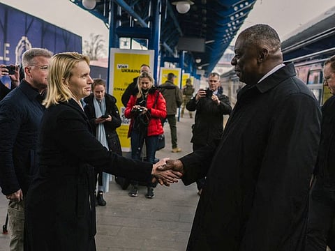 US Secretary of Defense Lloyd Austin is welcomed as he arrives in Kyiv, Ukraine November 20, 2023.  
