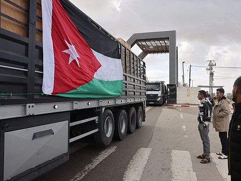 An aid convoy, including a filed hospital, bearing the Jordanian flag enters the Gaza Strip through the Rafah crossing with Egypt, on November 20, 2023.