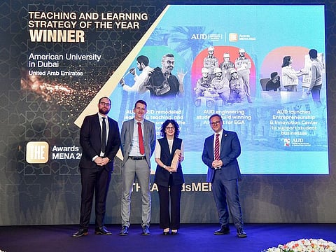 From left: Nick Davis, President, Middle East & Africa, THE, Patrick Jack, Dr. Sabrina Joseph: AUD Provost and Chief Academic Officer, Phil Baty: Chief Global Affairs Officer, THE