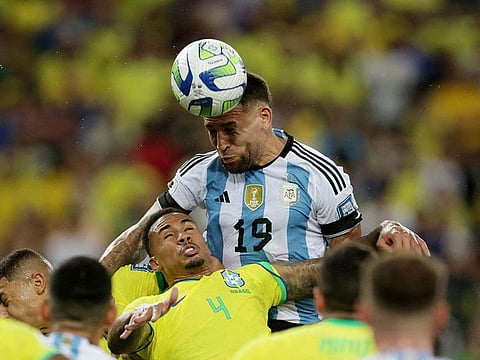 Argentina's Nicolas Otamendi scores their first goal, the eventual winner, against Brazil in the South American World Cup Qualifiers at Maracana Stadium on Tuesday.