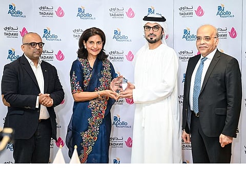 (from left) Dr Dinesh Madhavan, President, Group Oncology and International, Apollo Hospitals; Dr Preetha Reddy, vice chairperson of Apollo Hospitals; Marwan Haji Nasser, chairman and managing director of Al Tadawi Healthcare Group; and Dr Ahmed Al Masri, chief medical officer at Al Tadawi Healthcare Group