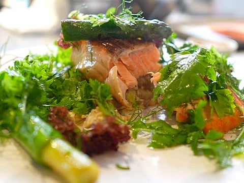 Celebrity chef Jason Atherton's herb-roasted salmon with pink fir apple potatoes and asparagus