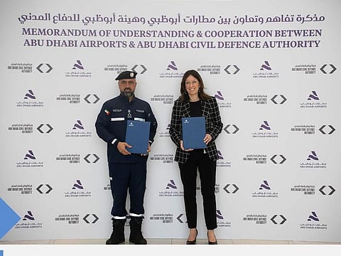 Brigadier General Salem Abdullah bin Barak Al Dhaheri, Acting Director of the Abu Dhabi Civil Defense Authority, signed memorandum of understanding (MoU) with the Elena Sorlini, Managing Director and Interim CEO of Abu Dhabi Airports.
