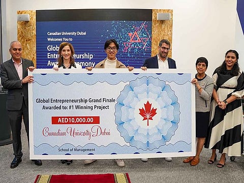 Dr. Rami El Khatib, CUD Dean of Student Affairs, Dr. Dima Jamali, CUD Dean of School of Management, Ralph Sengco, Competition winner, Team Byte, Camille Beyrouthy, Co-Founder of The Business Hub, Dr. Kiran Tangri, CUD Assistant Professor, and Gayatri Nair, CUD Teaching Assistant