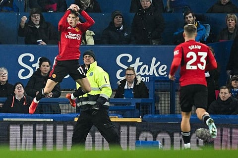 Manchester United's Argentinian midfielder Alejandro Garnacho celebrates scoring his team first goal during the Premier League match against Everton at Goodison Park in Liverpool on Sunday.
