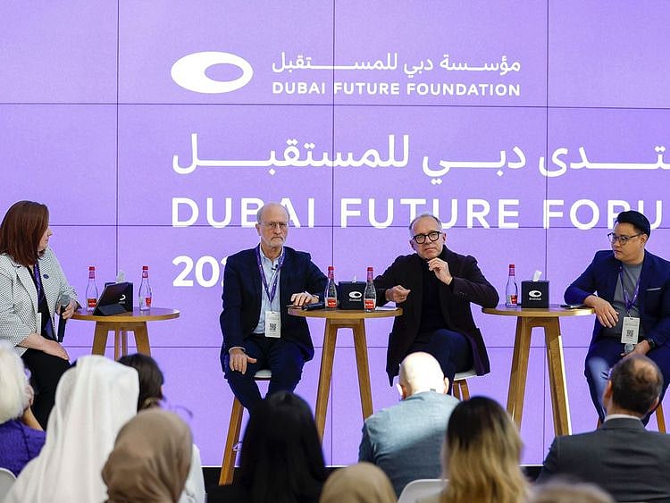 Prof. Paolo Dario, Dubai Future Labs, Pawel Swieboda, NeuroCentury and Ken Chua, (these)abilities, along with the moderator Melanie Subin, Future Today Institute, during the panel discussion on  ‘Bionic Being: Will Wearable Technology Provide Us with the Option of a New Sixth Sense?’ at Dubai Future Forum in Museum of the Future in Dubai. 27th November 2023. Photo:Ahmed Ramzan/Gulf News
