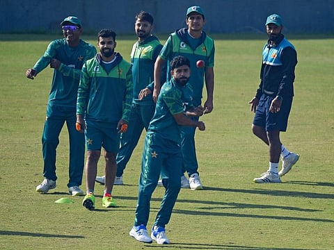 Pakistan's players attend a practice session at the Rawalpindi Cricket Stadium, ahead of their tour to Australia.