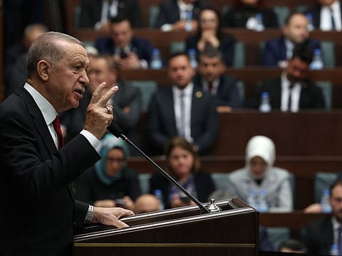 Turkish President and the Leader of the Justice and Development (AK) Party Recep Tayyip Erdogan speaks during his party's group meeting at the Turkish Grand National Assembly in Ankara on November 29, 2023.  