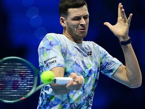 Poland's Hubert Hurkacz in action against Serbia's Novak Djokovic during the ATP Finals in Turin on November 16.