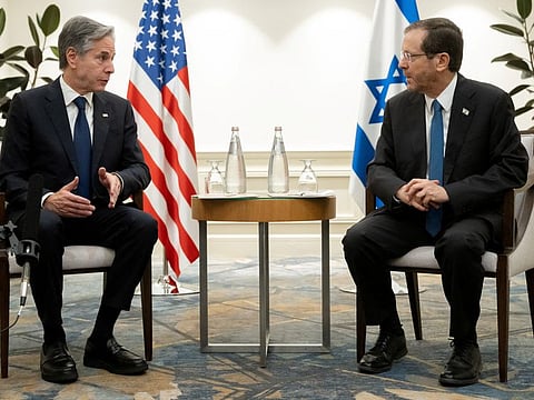 Israel's President Isaac Herzog and US Secretary of State Antony Blinken hold a meeting in Tel Aviv, Israel on November 30, 2023, following the announcement of an extension of the truce between Israel and Hamas just before it was due to expire.  