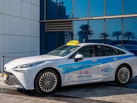 A hydrogen-powered taxi, fuelled by hydrogen produced using net-zero process (mostly solar power) in Abu Dhabi.