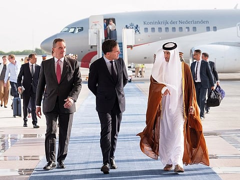 Mark Rutte, Prime Minister of The Netherlands (centre) seen during his visit to the UAE in September this year, with Thani bin Ahmed Al Zeyoudi, UAE Minister of State for Foreign Trade, and Gerard Steeghs, Ambassador of the Netherlands to the UAE