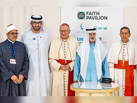 Sheikh Nahyan bin Mubarak Al Nahyan (second from right), UAE Minister of Tolerance and Coexistence with representatives of His Holiness Pope Francis, and of the Grand Imam of Al-Azhar, Ahmed Mohamed Ahmed El-Tayeb, with COP28 President Dr Sultan Al Jaber (second from left) at the Faith Pavilion at COP28 at Expo City Dubai on Sunday 