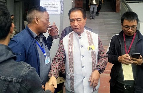 Zoram People’s Movement (ZPM's) chief and party's Chief Ministerial candidate Lalduhoma being greeted by party members after party's victory in the Mizoram Assembly elections, on Monday, December 4, 2023.