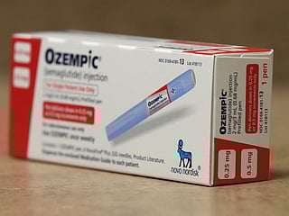 Novo Nordisk A/S Ozempic brand semaglutide medication arranged at a pharmacy in Provo, Utah, US.