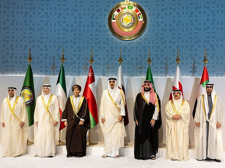 From right: His Highness Sheikh Mohamed bin Zayed Al Nahyan, President of the United Arab Emirates, King Hamad bin Eisa Al Khalifa of Bahrain, Prince Mohammed bin Salman bin Abdul Aziz, Crown Prince, Deputy Prime Minister and Minister of Defence of Saudi Arabia, Sheikh Tamim bin Hamad Al Thani, Emir of Qatar, Sayyed Fahd bin Mahmoud Al Said, Deputy Prime Minister for Cabinet Affairs of Oman, Salem Abdullah Al Jaber Al Sabah, Minister of Foreign Affairs of Kuwait and Jasem Mohammed Al Budaiwi, Secretary General of the Gulf Cooperation Council (GCC), during the 44th session of the Supreme Council of the Gulf Cooperation Council (GCC) in Doha on Decmber 5, 2023.. 