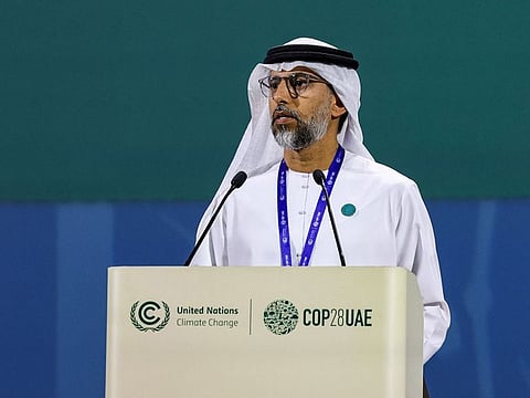 UAE’s Minister of Energy, Suhail bin Mohammed Al Mazrouei, addressing the COP28 conference in Dubai on Tuesday
