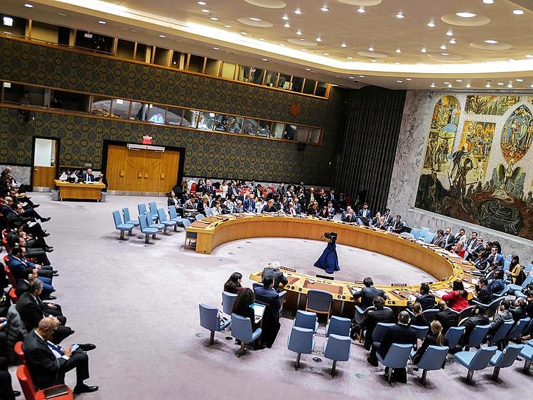 A general view shows the United Nations Security Council after the vote about a ceasefire in Gaza at UN headquarters in New York on December 8, 2023. 