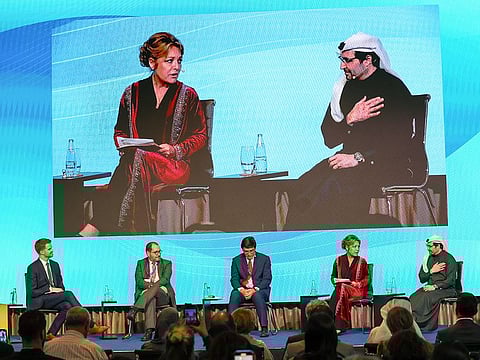(from left) Dr Andrew Cunningham, Global Lead for Education at the Aga Khan Foundation; João Marques da Costa, Minister of Education, Portugal; Edil Baisalov, Deputy Chairman, Cabinet of the Ministers, Kyrgyz Republic; Yasmine Sherif, Executive Director of Education Cannot Wait; and Dr Tariq Al Gurg, CEO and Vice Chairman, Dubai Cares during a session at The RewirEd Summit 2023 at COP28 in Dubai on Friday