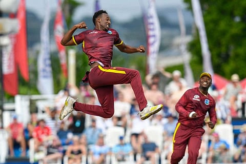 Matthew Forde of the West Indies celebrates the dismissal of Will Jacks of England during the third and final ODI at Kensington Oval, Bridgetown, Barbados, on Saturday.