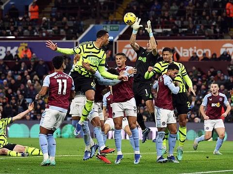 Arsenal's Gabriel in action with Aston Villa's Emiliano Martinez during a Premier League match at Villa Park, Birmingham, on Saturday.
