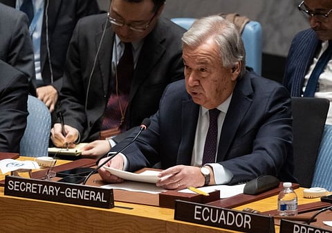 Guterres speaks during a United Nations Security Council meeting on Gaza, at UN headquarters in New York City on December 8, 2023.  
