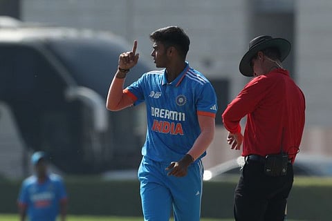 Raj Limbani of India celebrates a wicket during the ACC Men's U19 Asia Cup 2023 Group A match against Nepal held at the ICC Academy Ground, Dubai on Tuesday.