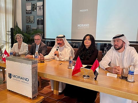 Abdul Rehman Falaknaz (3rd from L), Esmeralda Shkjau (2nd from R) , Mansoor Falaknaz (R), Beniot Morand (2nd L) and Gladys Morand during the press conference in Dubai to announce the launch of the 'green' batteries, 