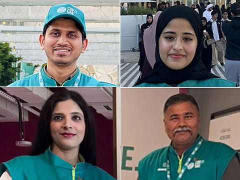 COP28 volunteers (clockwise, from top left): Rayees R.M., Mira Saif Alsalami, Alpesh Shiv Shankar Upadhyay, and Rippendeep Kaur.