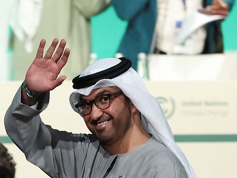 COP28 President Sultan Ahmed Al Jaber after a draft of a negotiation deal was released at the COP28 United Nations Climate Change Conference in Dubai on December 13, 2023. It is the first step in the world's bid to wean off fossil fuels.