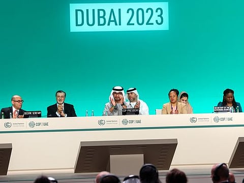 COP28 President Dr Sultan Al Jaber (centre) during the last plenary session on the extended day (Wednesday) of COP28 at Expo City Dubai