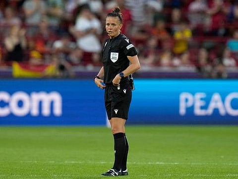 Referee Rebecca Welch during the Women Euro 2022 Group B match between Denmark and Spain at Brentford Community Stadium in London in July 16.