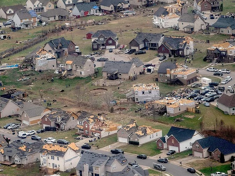 This aerial view from a Blackhawk helicopter shows damaged homes after a series of tornados swept through Tennessee.