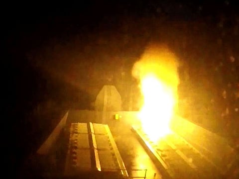 HMS Diamond firing its Sea Viper missile to engage and shot down an aerial drone over the Red Sea.