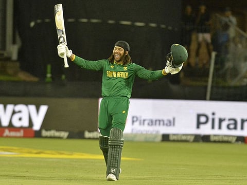 South Africa's Tony de Zorzi celebrates after scoring a century during the second ODI against India at St George's Park in Gqeberha on Tuesday.