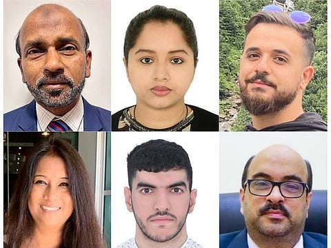 (clockwise from top left) Muhammad Ali Kottakkulam, Sarita Bhattarai, Waseem Tawba, Dr Thakur S Mulchandani, Houssam Mouhib Hammoud, and Subrata Singh